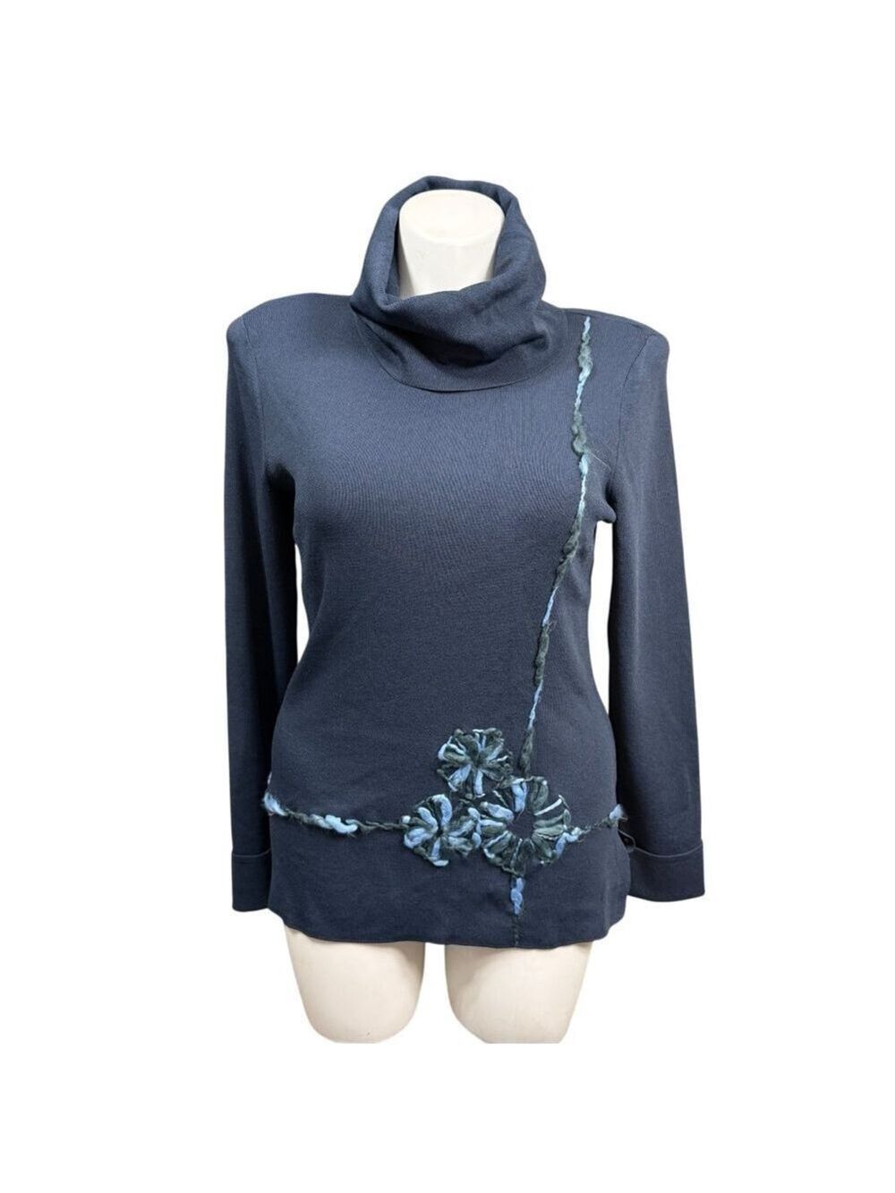 Adrianna Papell Womens Medium Y2K Blue Cowl Neck Yarn Embroidered Top